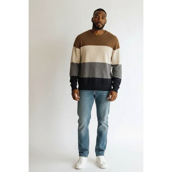 J. Crew Other - J.Crew Colorblock Sweater Medium Brown Cream Gray Navy Wool Blend Pullover